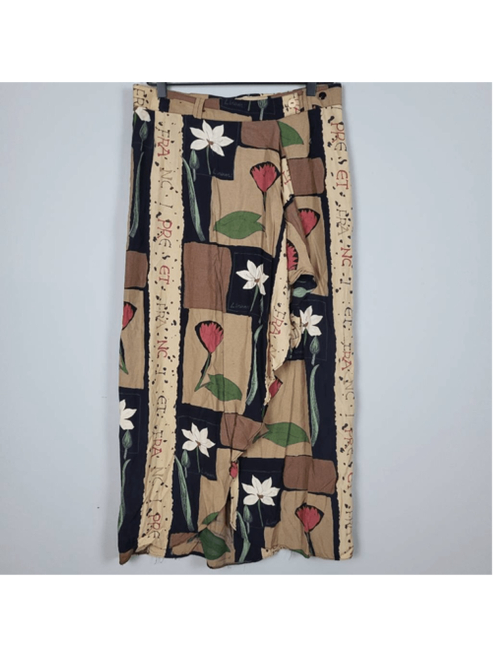 VTG French Floral Wrap Midi Skirt Medium Tan Euro Summer Avant Garde Artsy Boho